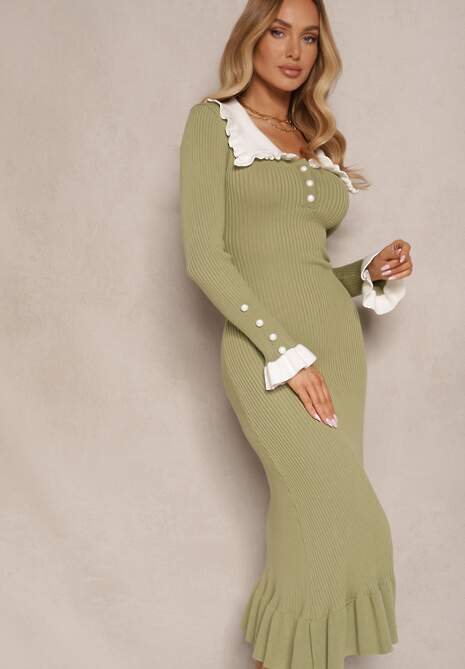 Zielona Sukienka Retro z Dzianiny z Wiskozą Zdobiona Kołnierzykiem Zihanne