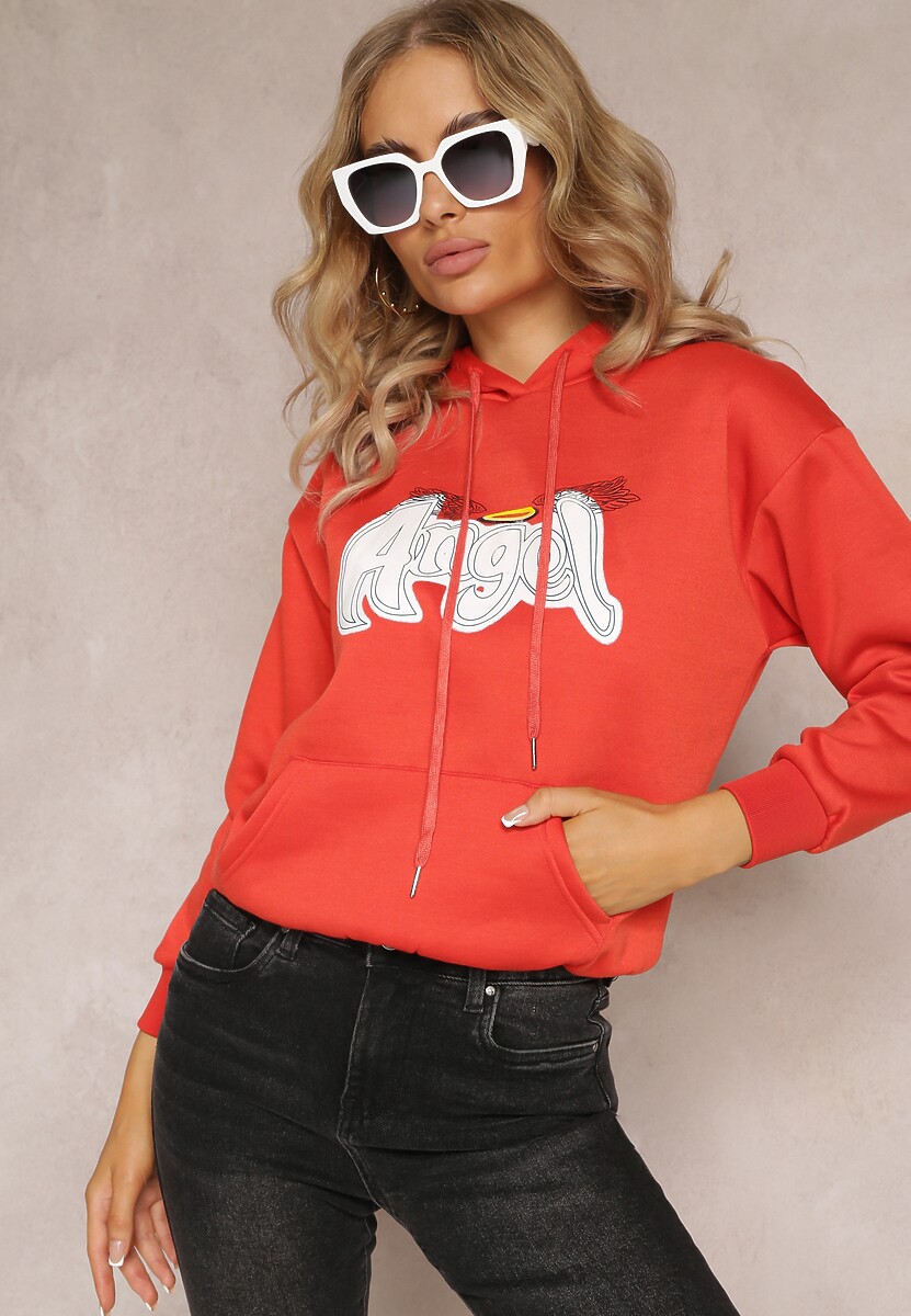 Pomarańczowa Ocieplona Bluza Kangurka z Nadrukiem Pralle