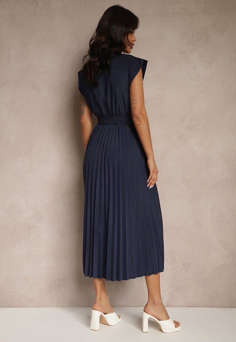 Granatowa Sukienka Plisowana z Bawełną Ozdobiona Paskiem Lirabelle