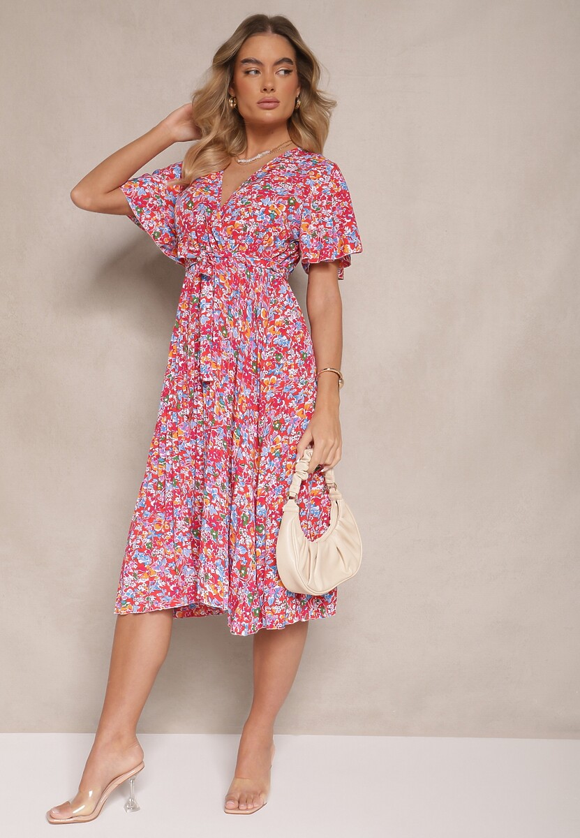 Czerwona Sukienka z Plisami w Kwiecisty Print o Rozkloszowanym Kroju Lanelin