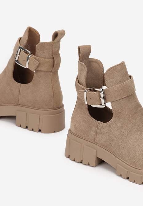 Ciemnobeżowe Botki z Wycięciem na Grubej Podeszwie Gennee