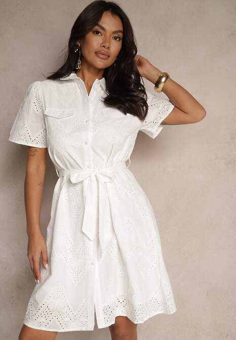 Biała Bawełniana Sukienka Ozdobiona Paskiem i Haftem Eleamelis