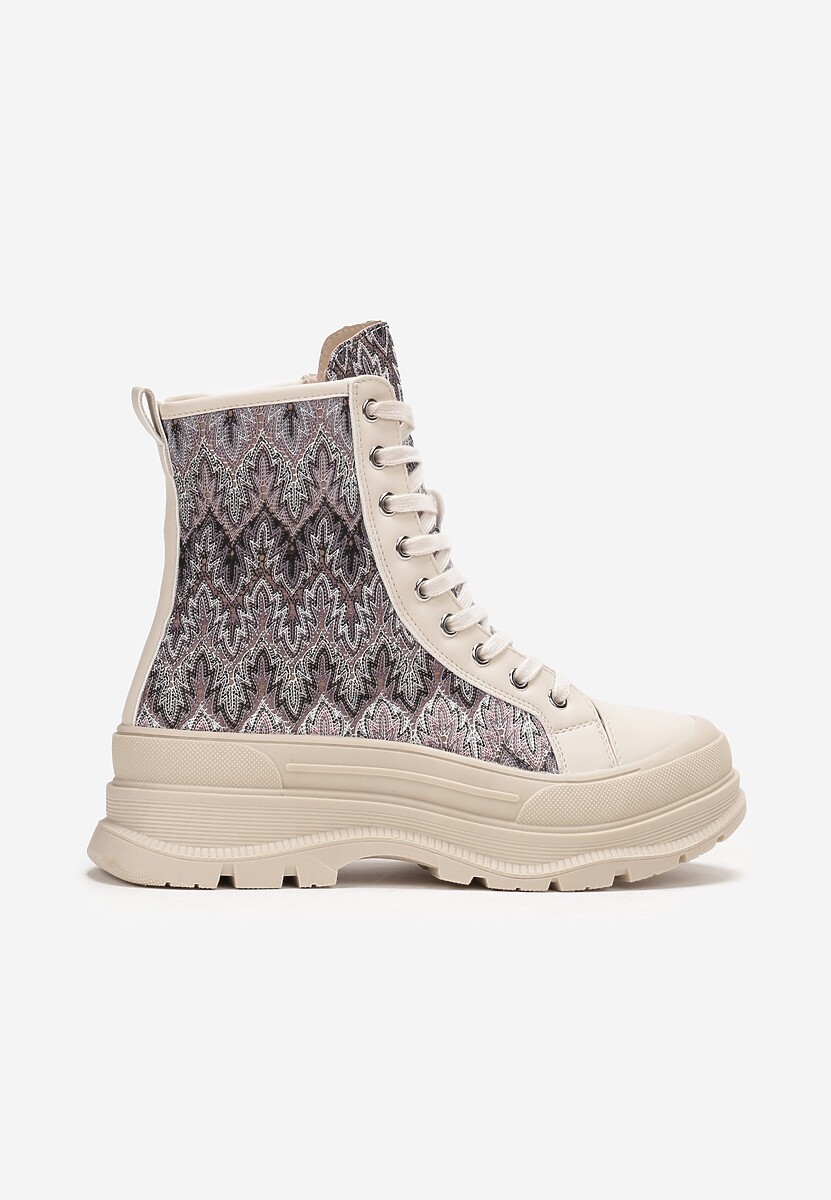 Beżowe Sznurowane Botki Ozdobnie Wyszywane na Płaskiej Podeszwie z Protektorem Faraine