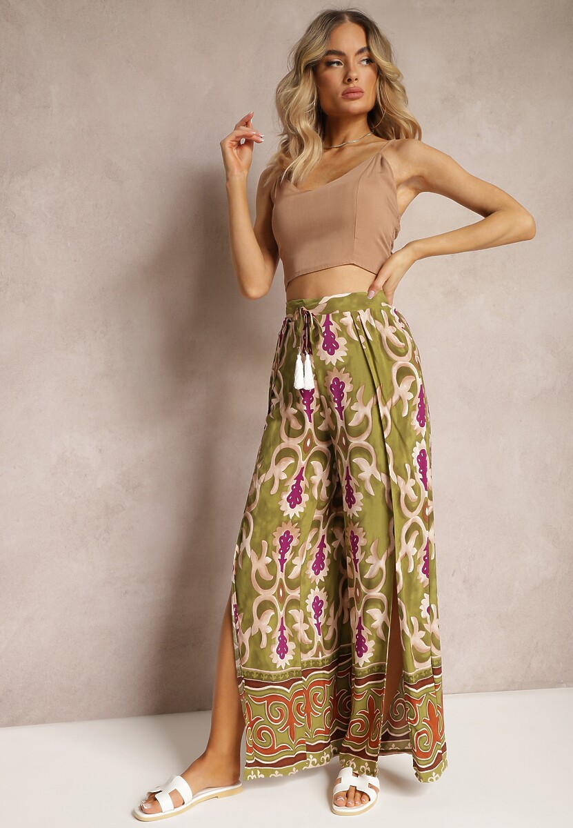 Zielono-Fioletowe Szerokie Spodnie z Wiskozy Ozdobione Wycięciami na Nogawkach i Ornamentalnym Wzorem Giathena