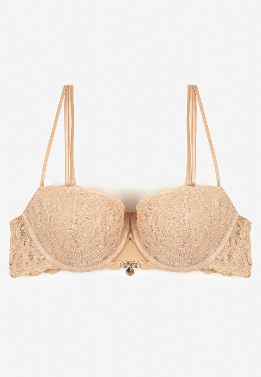 Ciemnobeżowy Biustonosz Typu Push Up z Koronką i Regulowanymi Podwójnymi Ramiączkami Emavina