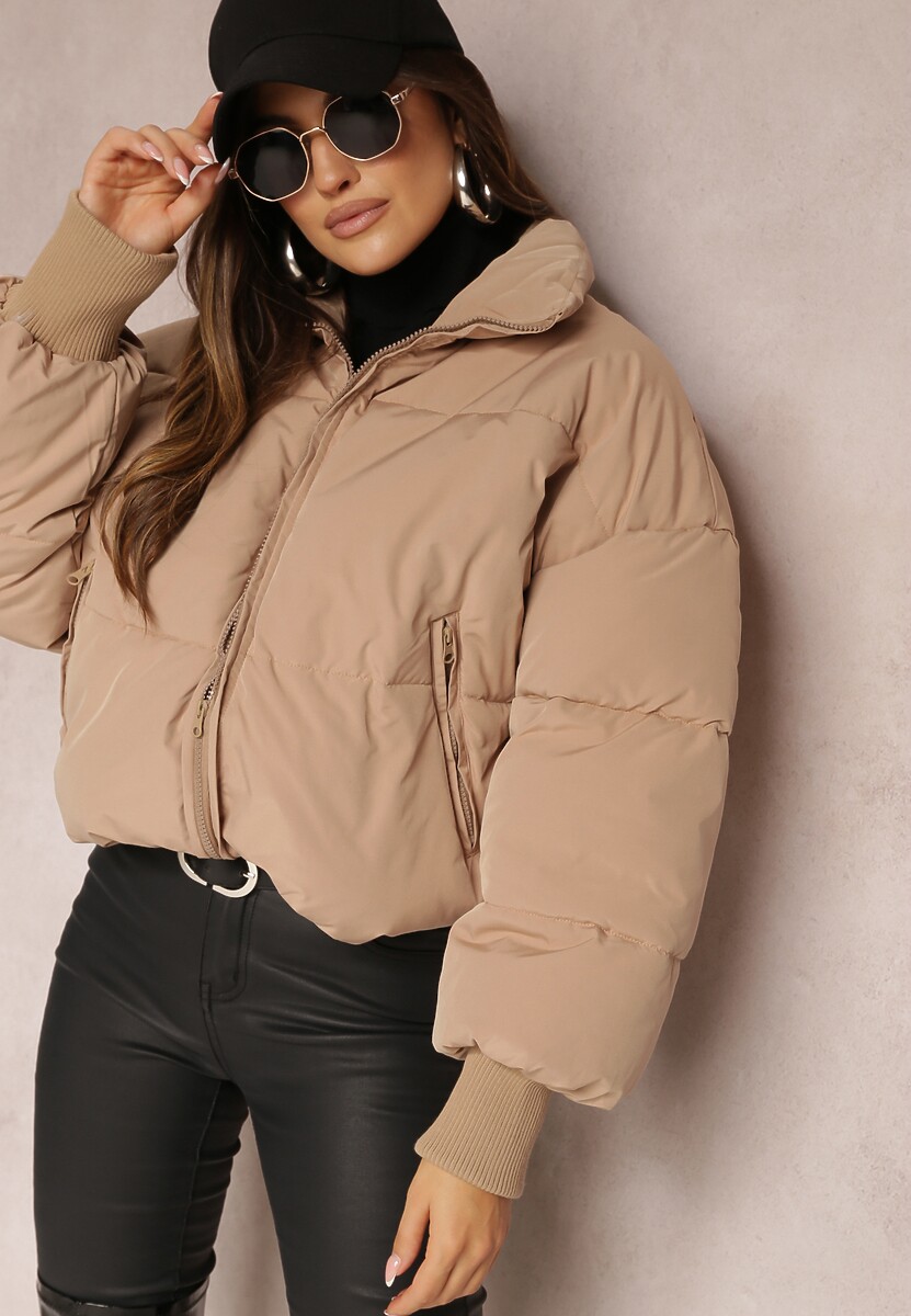 Beżowa Pudełkowa Kurtka Pikowana o Kroju Oversize Isatti