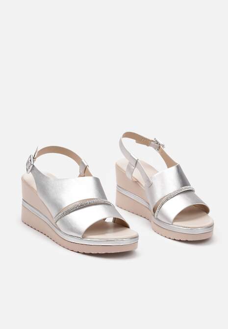 Srebrne Sandały na Koturnie bez Pięty z Paskiem z Cyrkoniami Azarepia