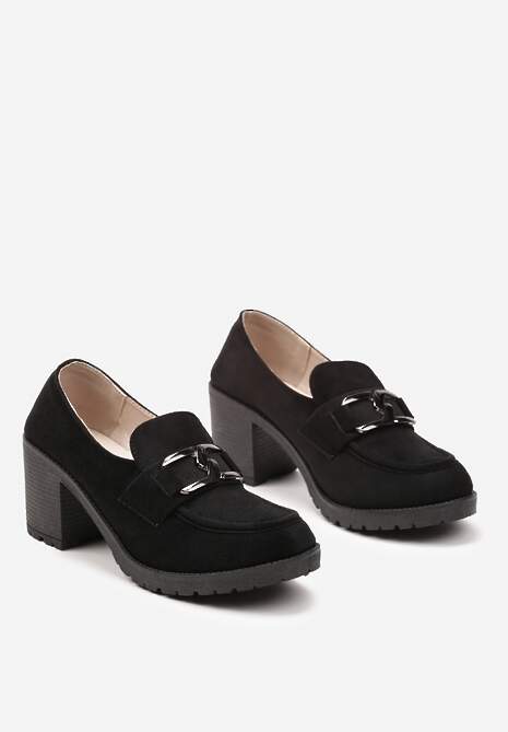 Czarne Półbuty na Słupku Ozdobione Klamerką Nicarda