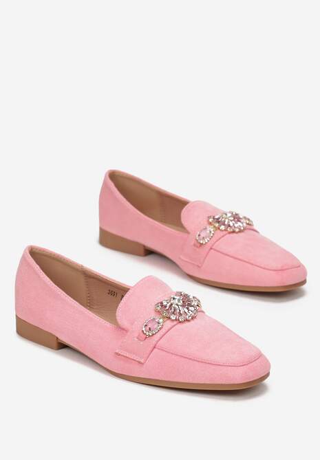 Różowe Mokasyny z Kwadratowym Noskiem i Ozdobą z Cyrkonii Henei