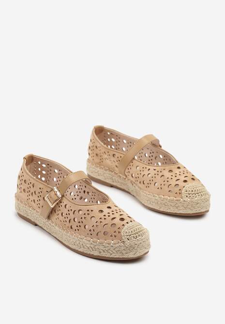 Brązowe Płaskie Espadryle z Plecionką i Ażurową Cholewką Aralithra