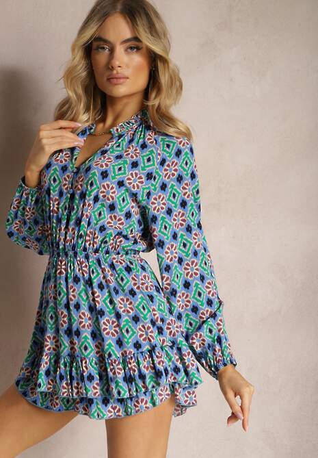 Niebiesko-Fioletowy Kombinezon o Krótkim Fasonie z Gumką w Talii w Mozaikowy Print z Wiskozy Glimmeria