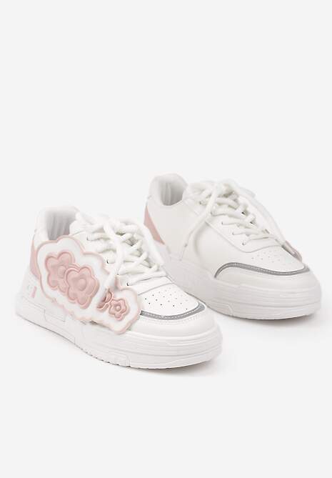 Biało-Różowe Sneakersy na Niskiej Platformie z Ozdobnymi Kwiatkami na Boku Benavilla