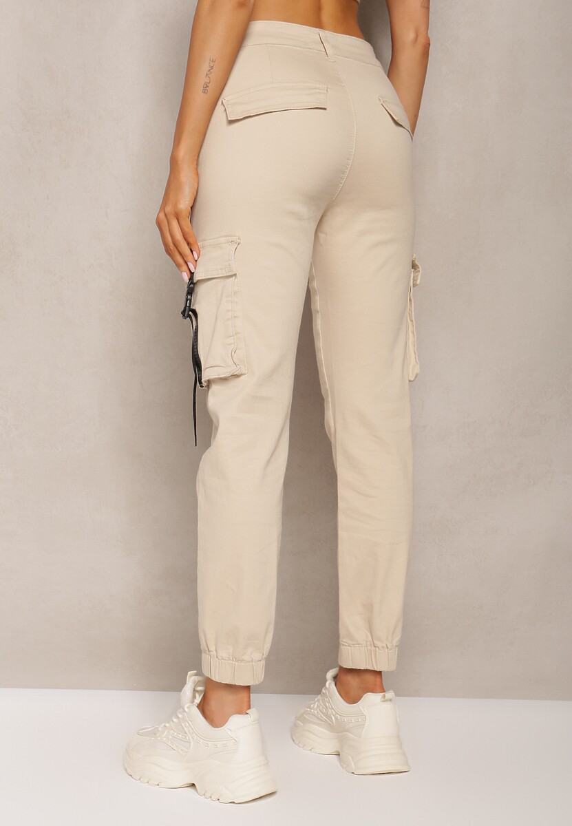Jasnobeżowe Spodnie z Bawełny Joggery High Waist Abiranca