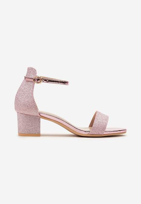 Różowe Brokatowe Sandały na Słupku Zapinane Wokół Kostki Viatera