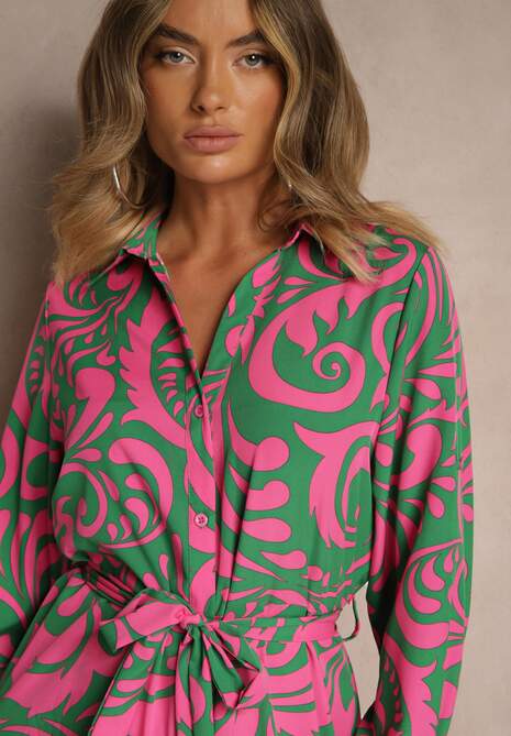 Zielono-Fuksjowa Sukienka Koszulowa Maxi z Materiałowym Paskiem w Abstrakcyjny Print Lirans