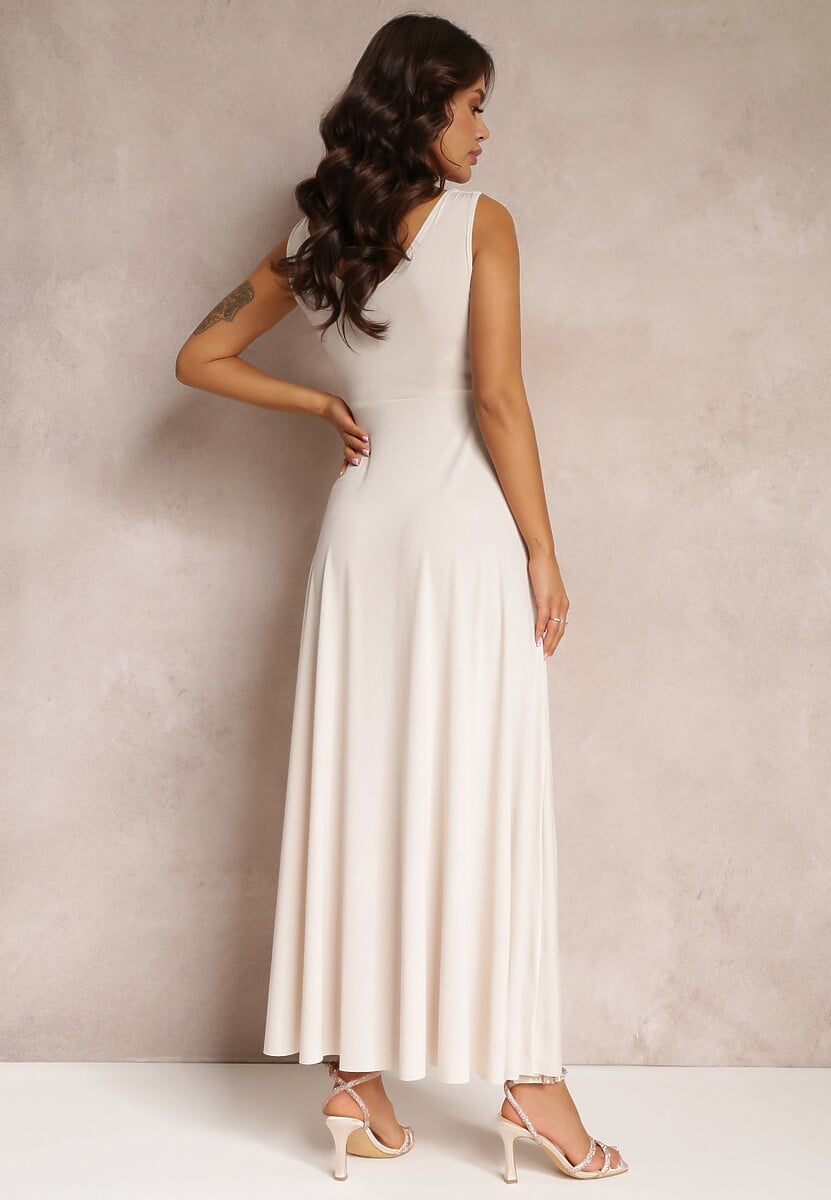 Beżowa Sukienka Maxi Bez Rękawów z Ozdobnym Marszczeniem na Biuście Eliphira