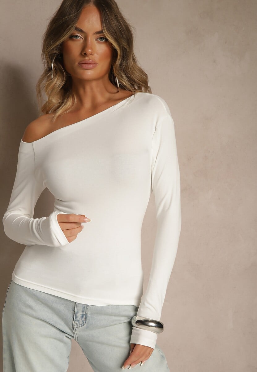 Biała Bluzka z Wiskozy z Dekoltem o Asymetrycznym Kroju Emmea