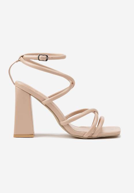 Jasnobeżowe Sandały na Wysokim Słupku z Cienkimi Paskami Tajo