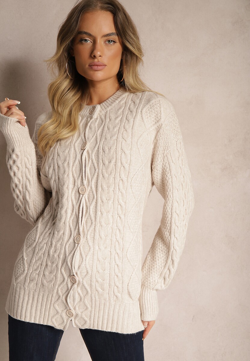 Jasnobeżowy Kardigan na Guziki z Ozdobnym Splotem Alorinda