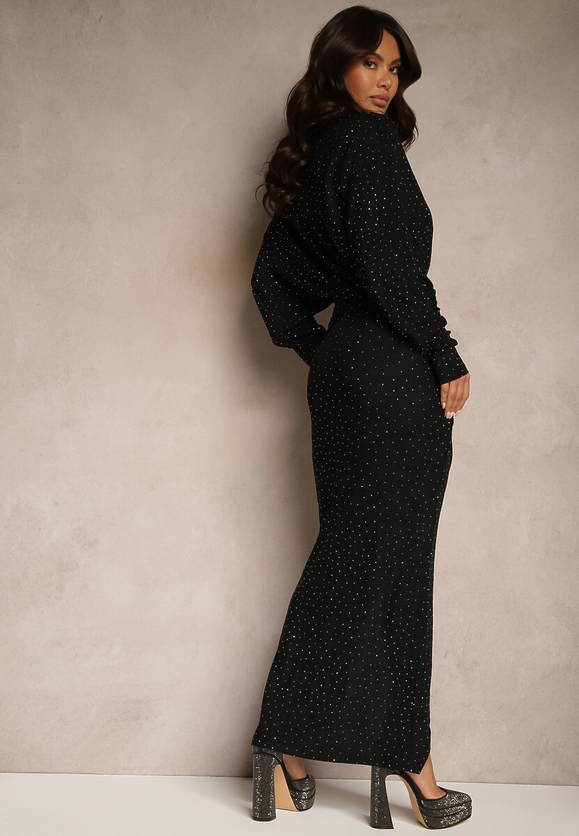 Czarno-Srebrna Dopasowana Sukienka z Wiskozą Ozdobiona Cyrkoniami i Marszczeniem Maninna