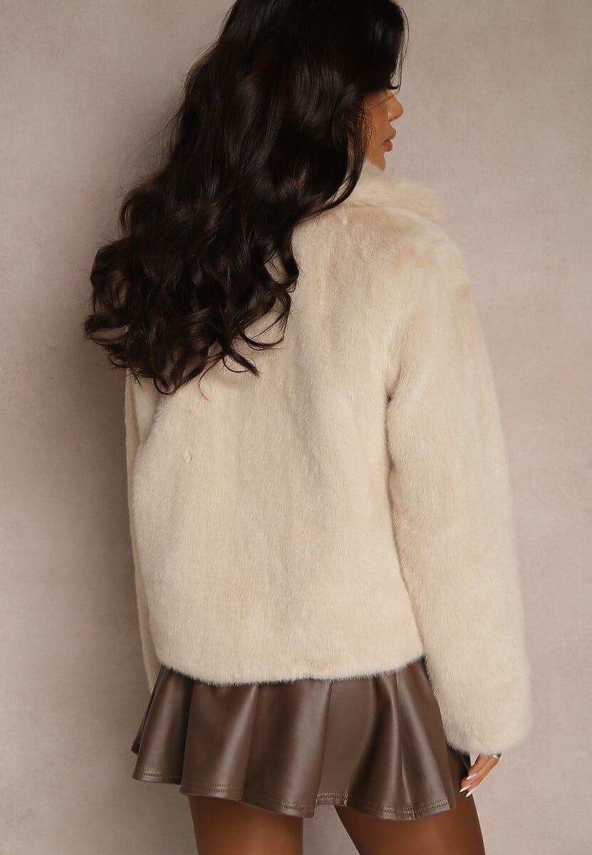 Beżowa Elegancka Kurtka Futerko o Krótkim Kroju z Kołnierzem Girivine