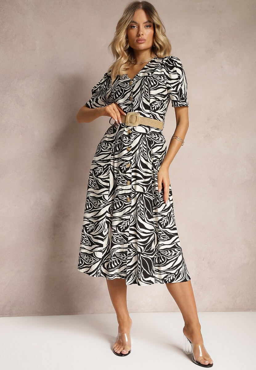 Czarno-Biała Koszulowa Sukienka z Bufiastymi Rękawami i Plecionym Paskiem w Talii Aslatia