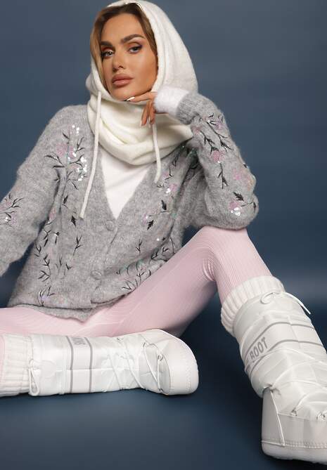 Jasnoszary Kardigan z Wełną o Klasycznym Kroju z Ozdobnym Haftem i Cekinami Isselia