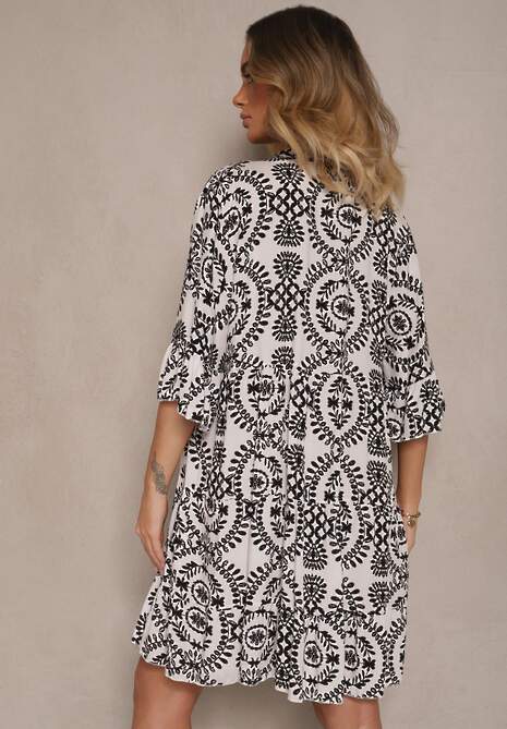 Biało-Czarna Sukienka z Bawełny o Rozkloszowanym Kroju Ozdobiona Guzikami Janivra