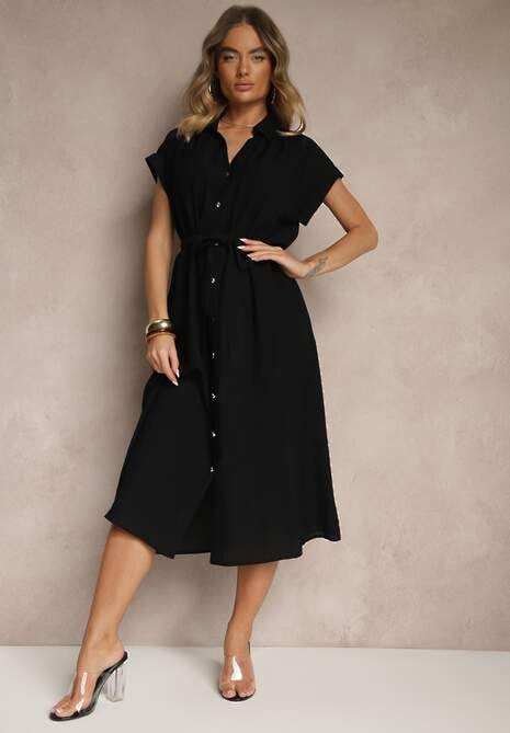 Czarna Koszulowa Sukienka z Wiskozy Ozdobiona Paskiem Rinalitia