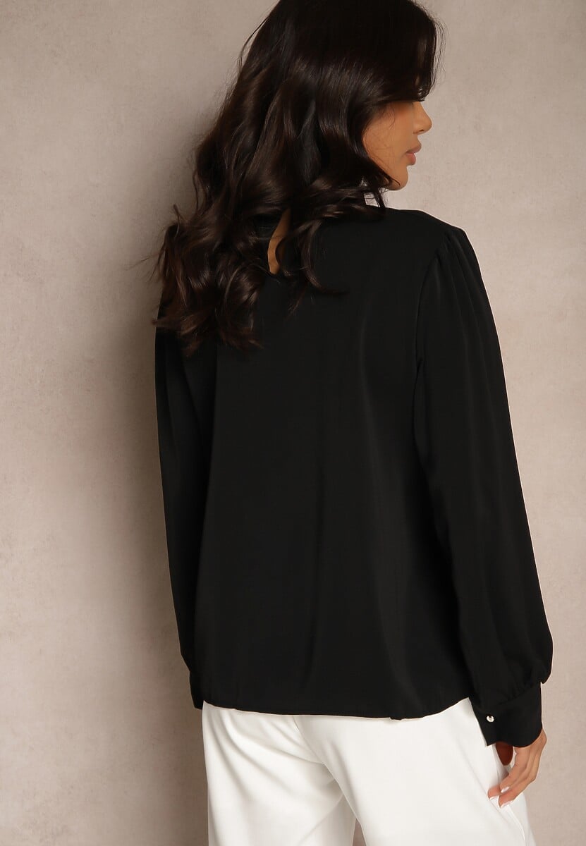 Czarna Bluzka z Ozdobnymi Perełkami i Falbaną Mirretis