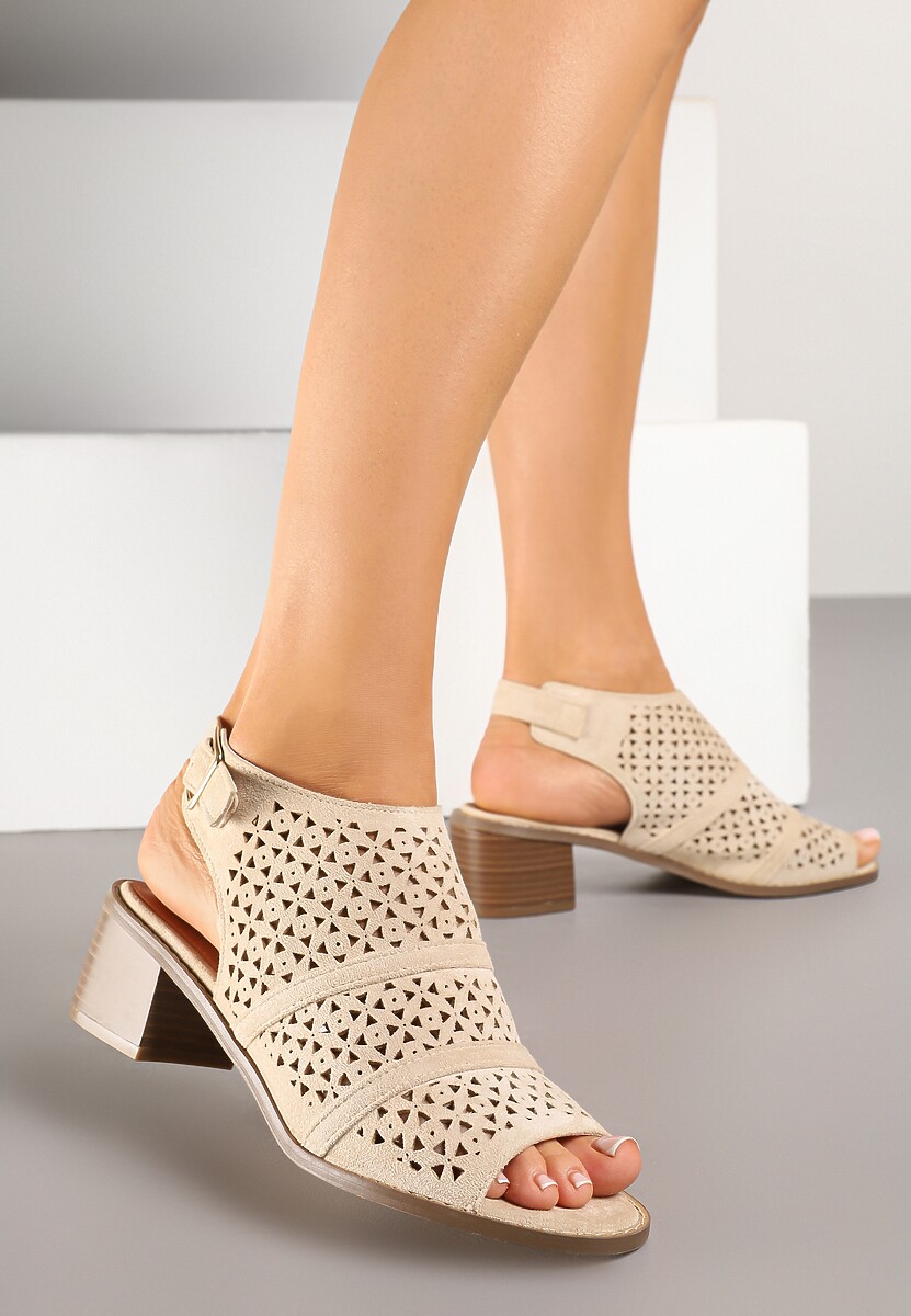 Beżowe Ażurowe Sandały Botki na Słupkowym Obcasie z Odkrytym Noskiem Lanariel