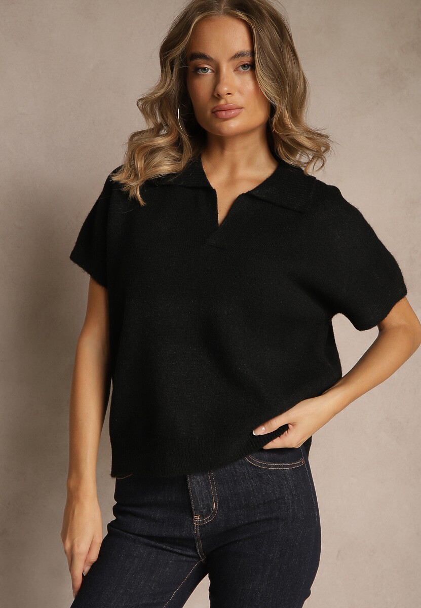 Czarny Sweter z Wełną z Krótkim Rękawem i Dekoltem V z Kołnierzem Tevirna