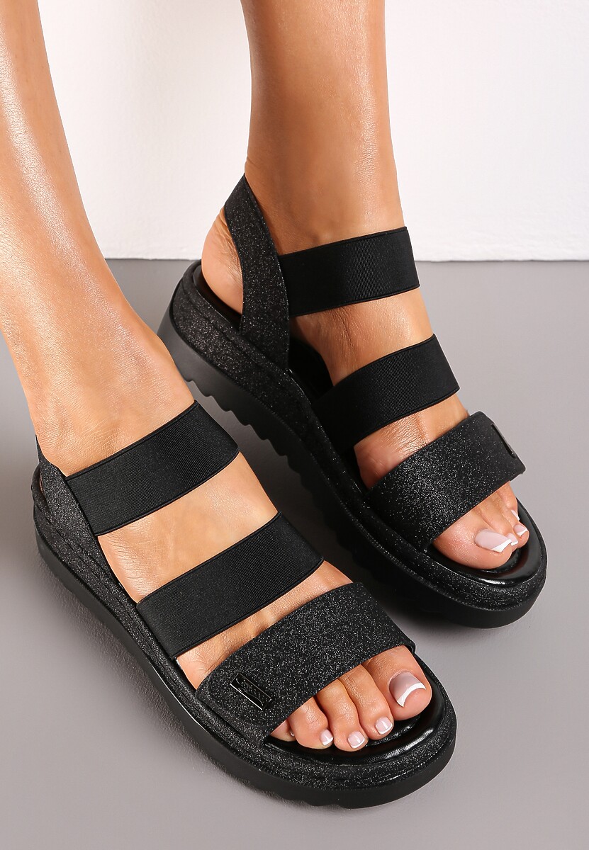 Czarne Wsuwane Sandały na Grubej Podeszwie z Brokatowym Wykończeniem Yalitza