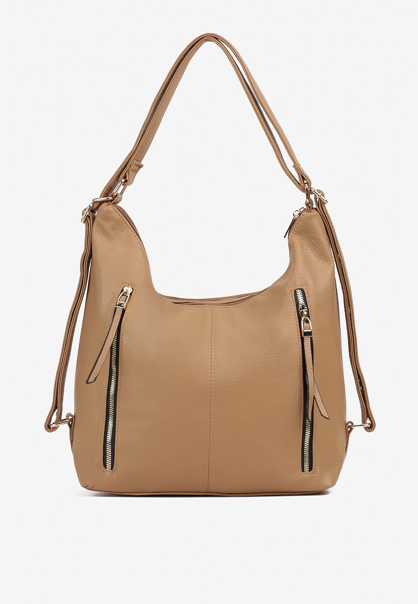 Ciemnobeżowa  Torebka Hobo z Regulowanym Paskiem i Kieszeniami z Ozdobnymi Suwakami Sanirael