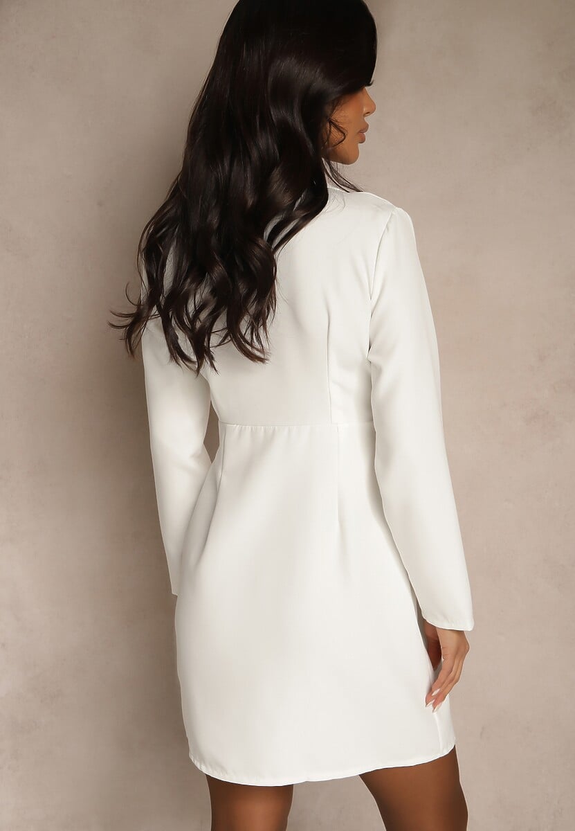 Biała Sukienka Mini w Stylu Marynarki z Długimi Rękawami Tansiwia