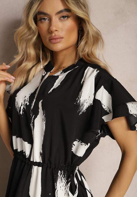 Czarno-Biała Pudełkowa Sukienka z Ozdobnym Wzorem i Sznurkiem w Talii Sidna