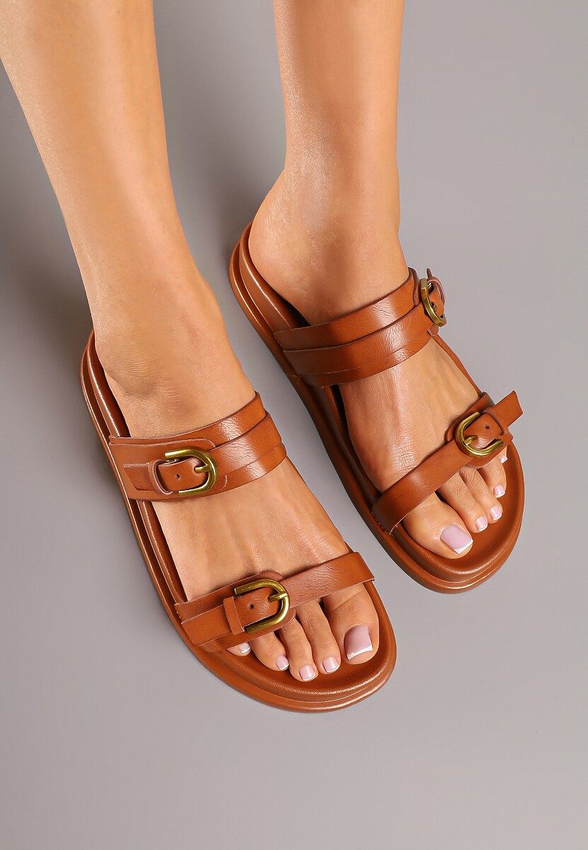 Brązowe Klapki Ozdobione Dwoma Paskami i Klamrami Danirisla