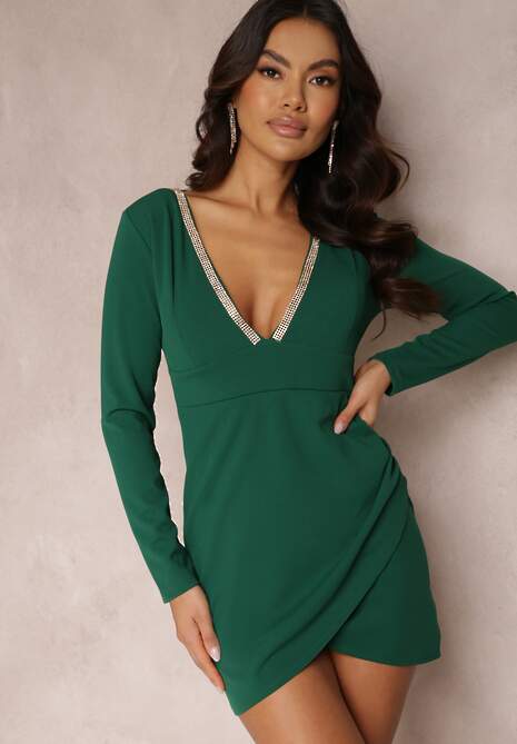Ciemnozielona Sukienka Dopasowana z Długim Rękawem Pinkie