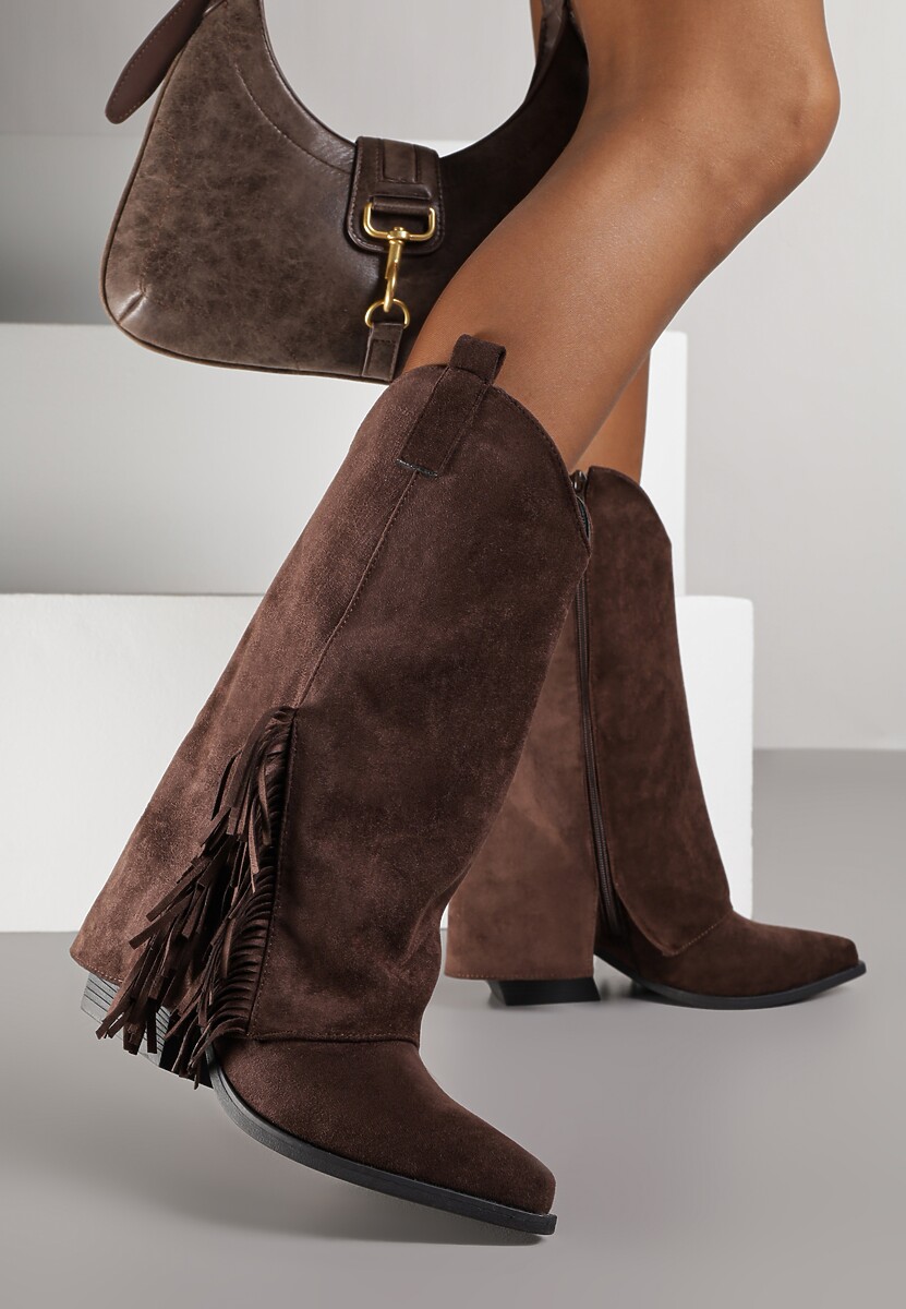 Brązowe Botki Kowbojki na Stożku Ozdobione Frędzlami Reielle
