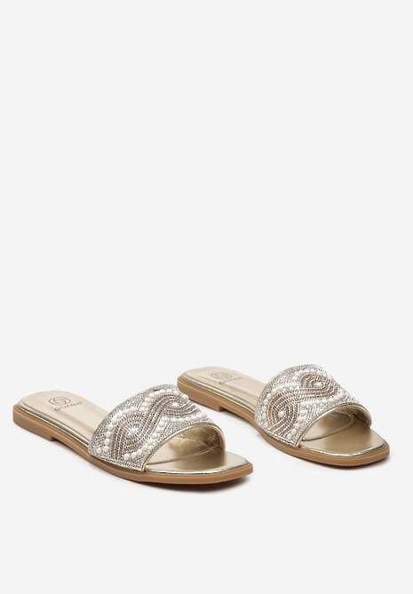 Złote Płaskie Klapki w Stylu Boho z Cyrkoniami i Drobnymi Koralikami Hotari