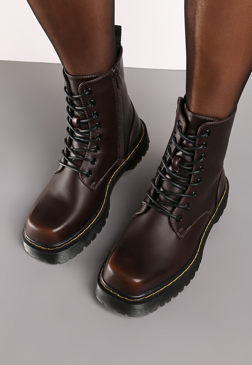 Brązowe Sznurowane Ocieplone Botki na Platformie w Stylu Workerów Crecca