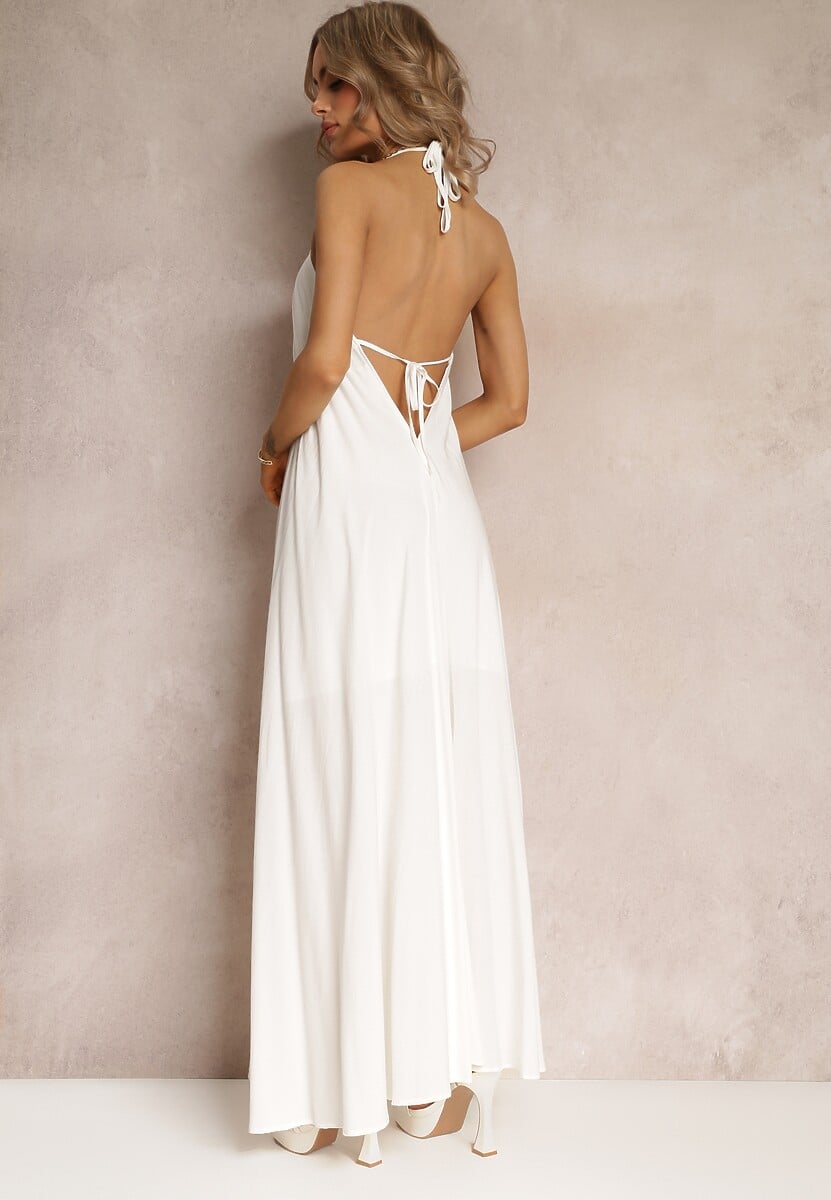 Biała Rozkloszowana Sukienka Bawełniana z Wiązaniem na Szyi Panethea