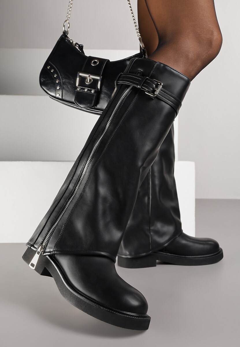 Brązowe Kozaki Typu Bikery Ozdobione Suwakiem Klamrą i Wywiniętą Cholewką Sovera