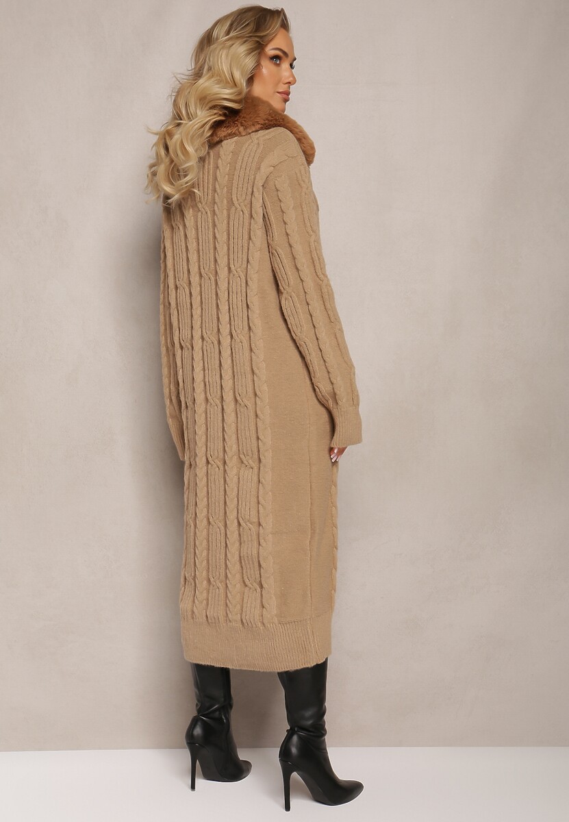 Beżowy Wiskozowy Kardigan w Warkoczykowy Splot z Futrzanym Kołnierzem Nirossa