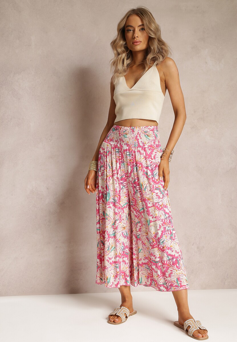 Ciemnoróżowe Szerokie Spodnie z Wiskozy o Długości 7/8 Zephia