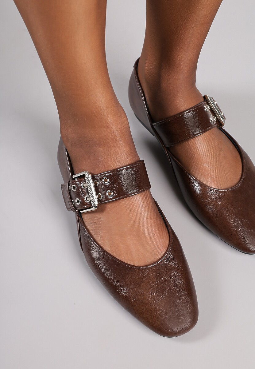 Brązowe Balerinki Vices w Stylu Mary Jane ze Skórzaną Wkładką Rilaneia