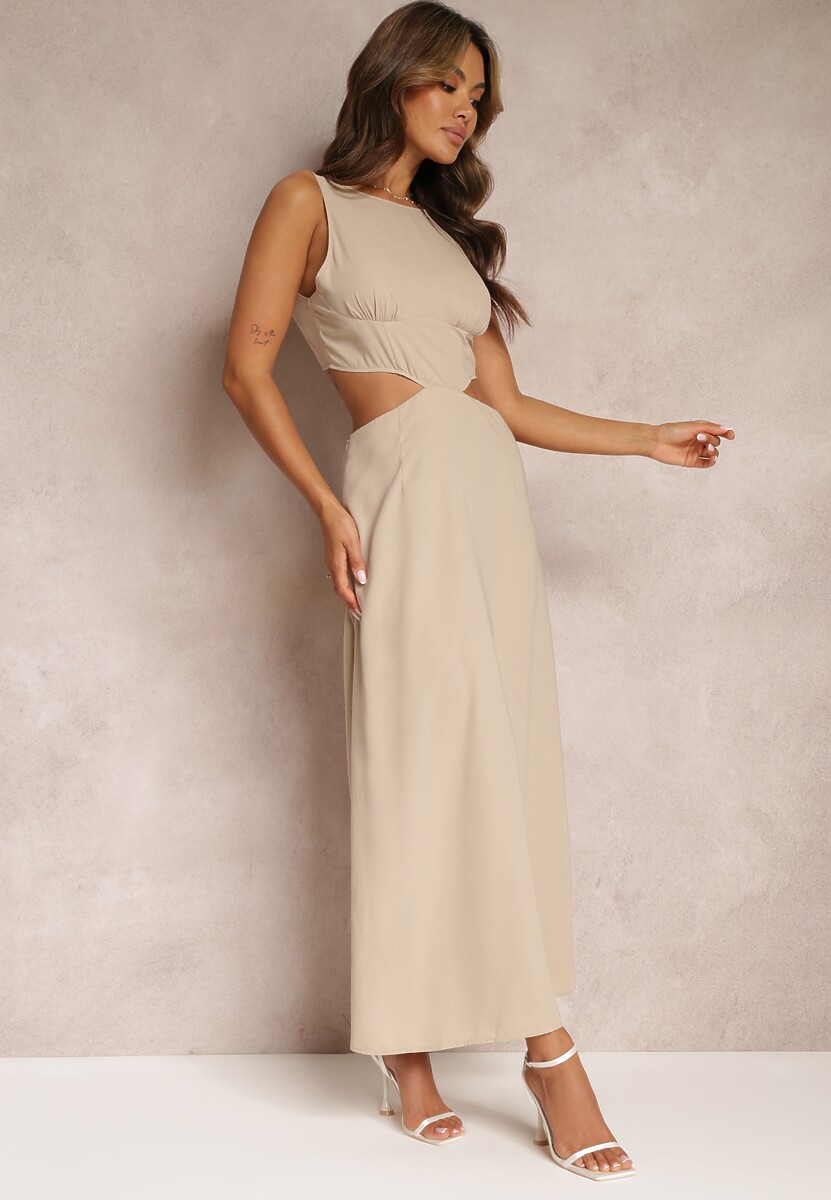 Beżowa Sukienka Maxi z Wycięciami i Wiązaniem na Plecach Madissa