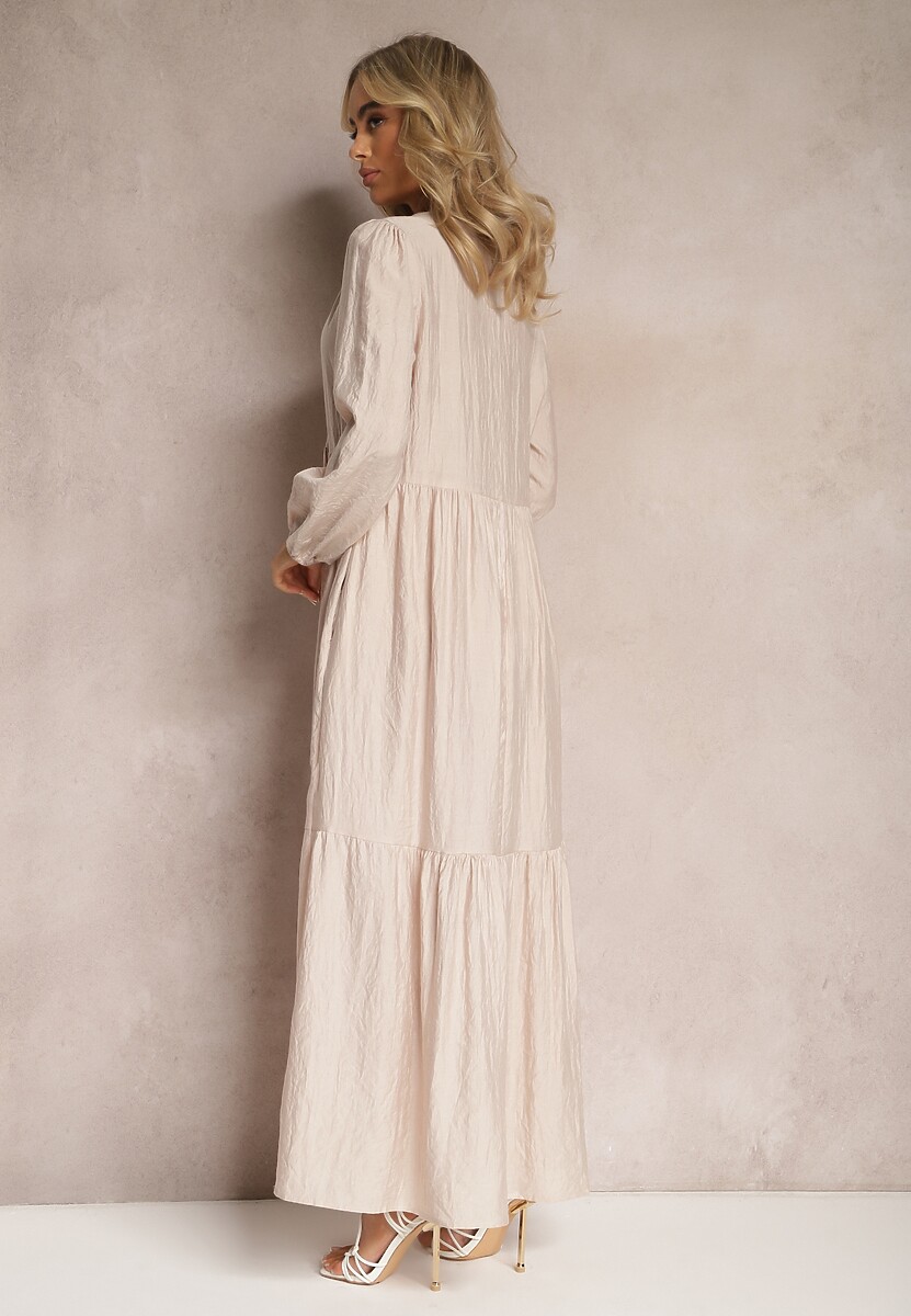 Beżowa Rozkloszowana Sukienka Pudełkowa Maxi z Ozdobnymi Guzikami Nervatti