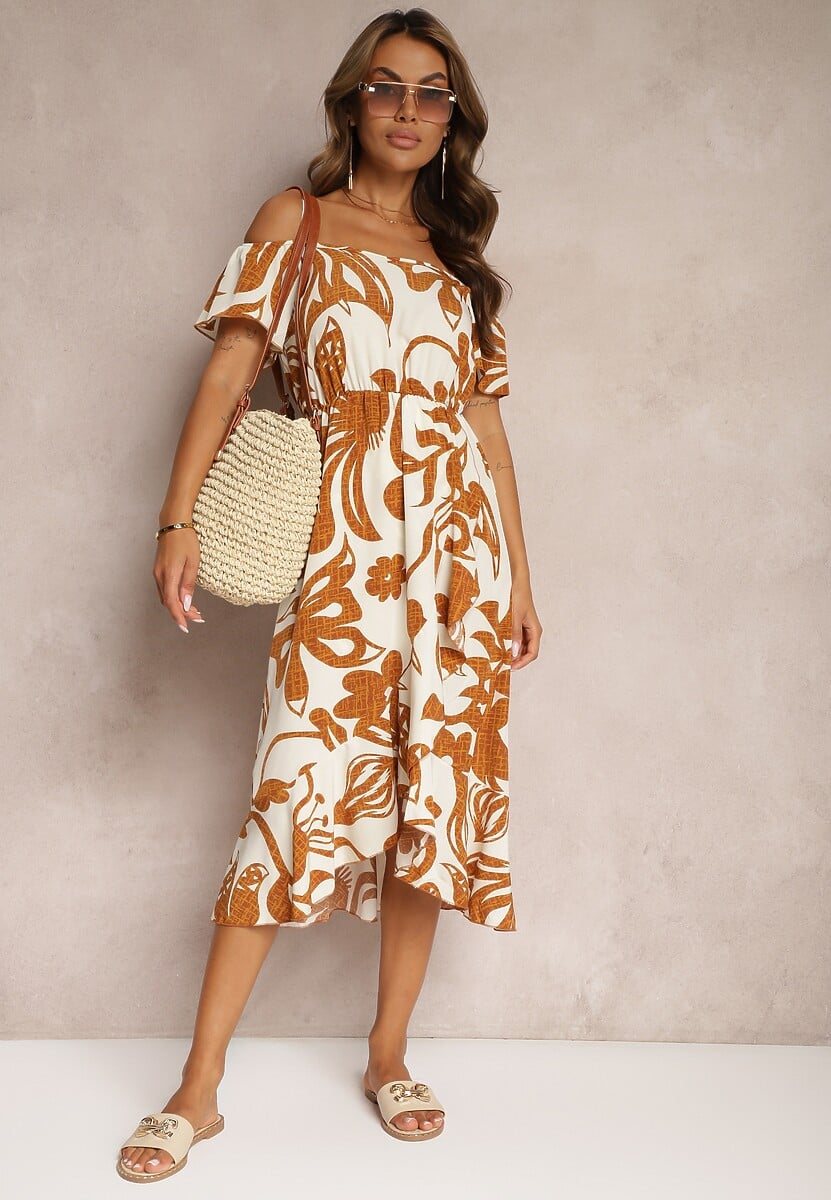 Brązowa Sukienka na Ramiączkach z Hiszpańskim Dekoltem i Gumką w Talii Nellondra