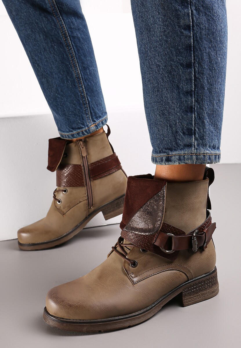 Ciemnobeżowe Workery Botki z Klamrą i Wywiniętą Cholewką Glenfia